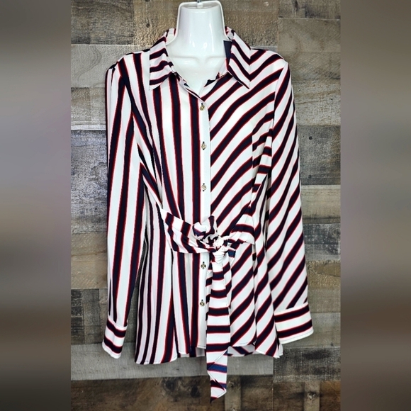 TOMMY HILFIGER Women Striped Front-Tie Buttondown Shirt Long Sleeve | L - Picture 2 of 11
